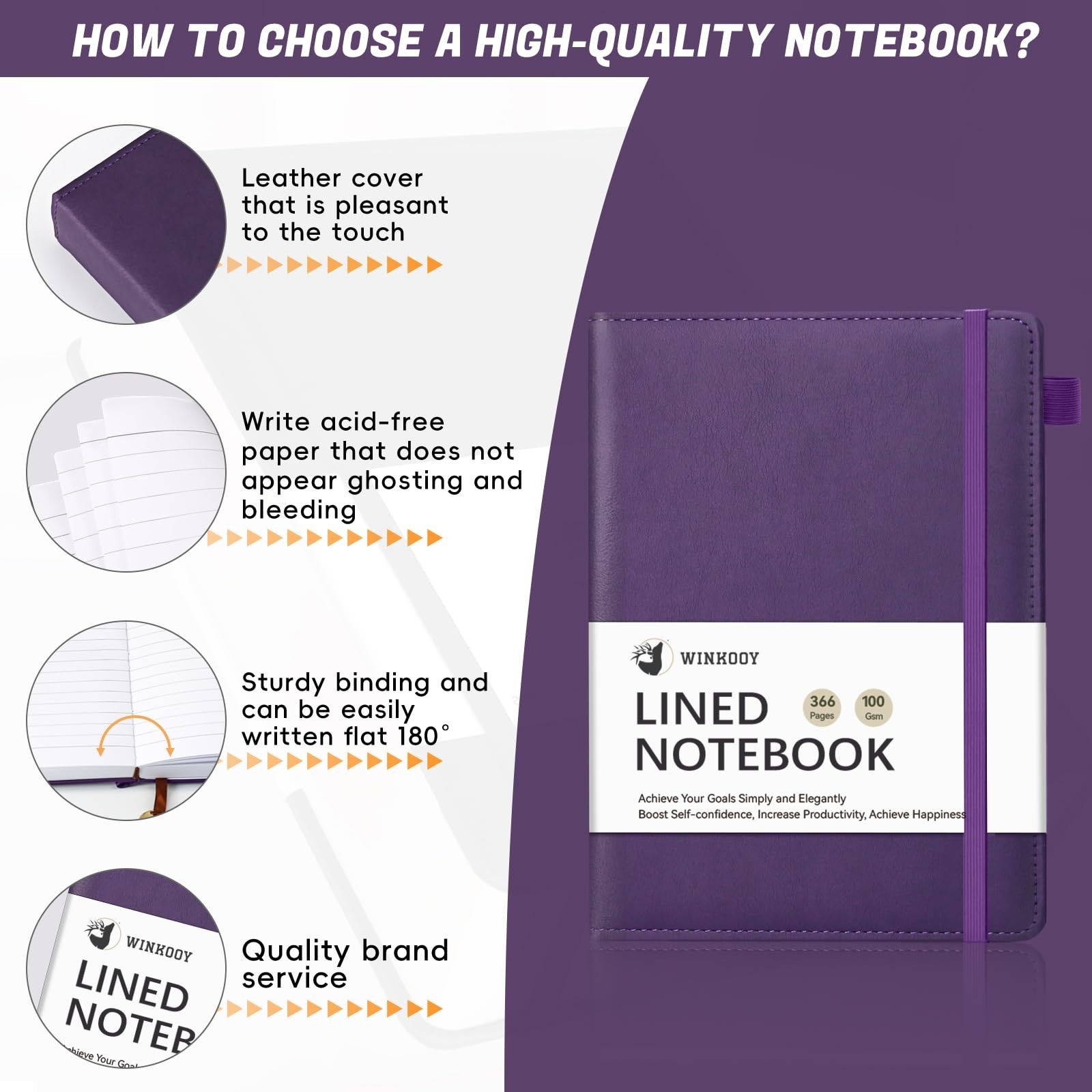 Winkooy Leather Hardcover Lined Journal Notebook A5 366 Pages Pen Loop, Purple