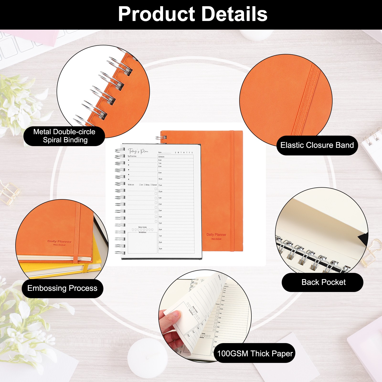 A5 5.5″x 8.5″ Undated Daily Planner with Hourly Schedule Inner Pocket, Orange