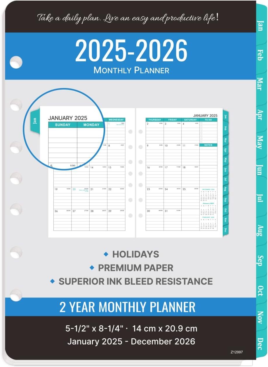 2025-2026 Monthly Planner Refill – Inserts with 7-Hole Punched, black New