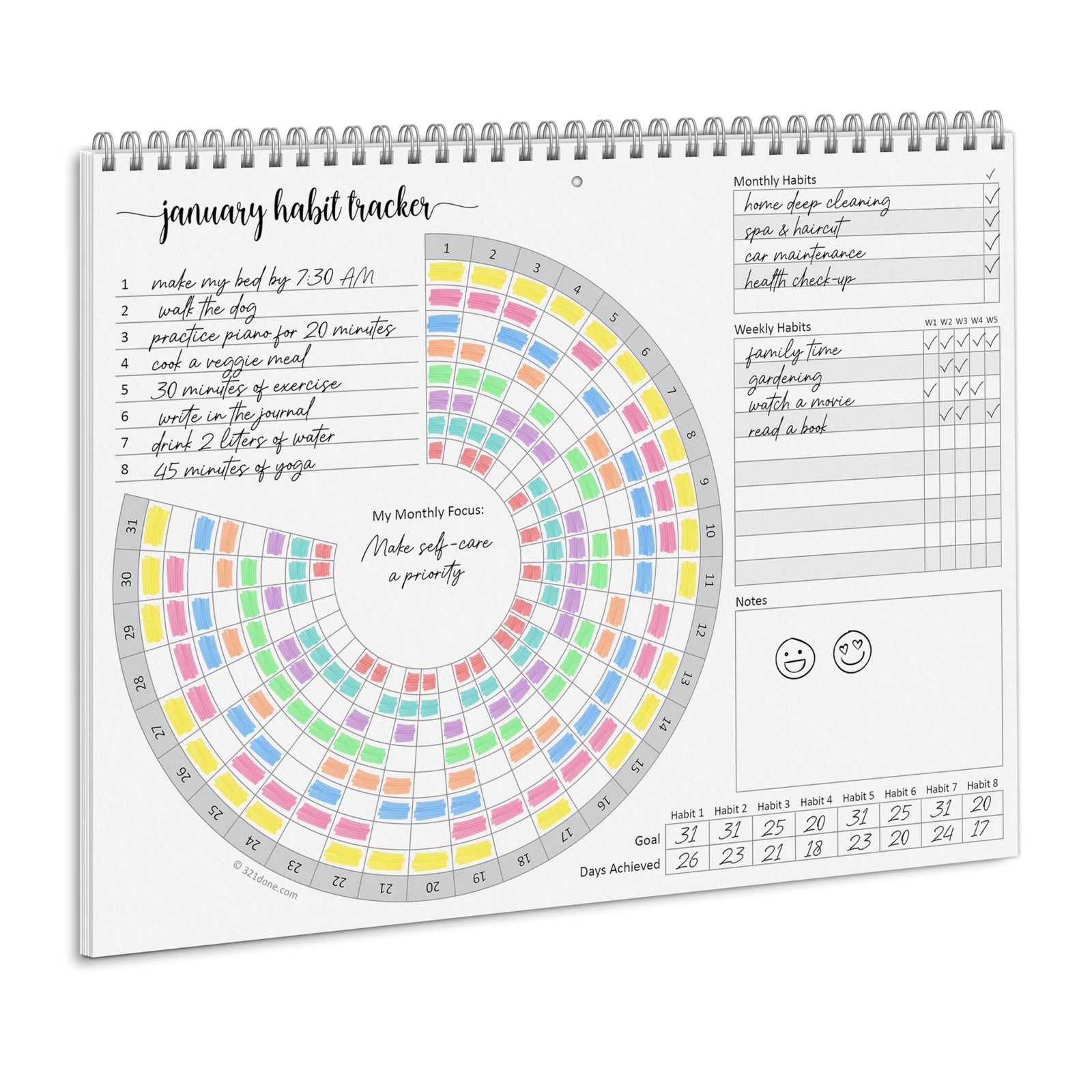 321Done Habit Tracker Calendar Pad, 8.5×11 Monthly, Made in 8.5″ x 11″, Wheel