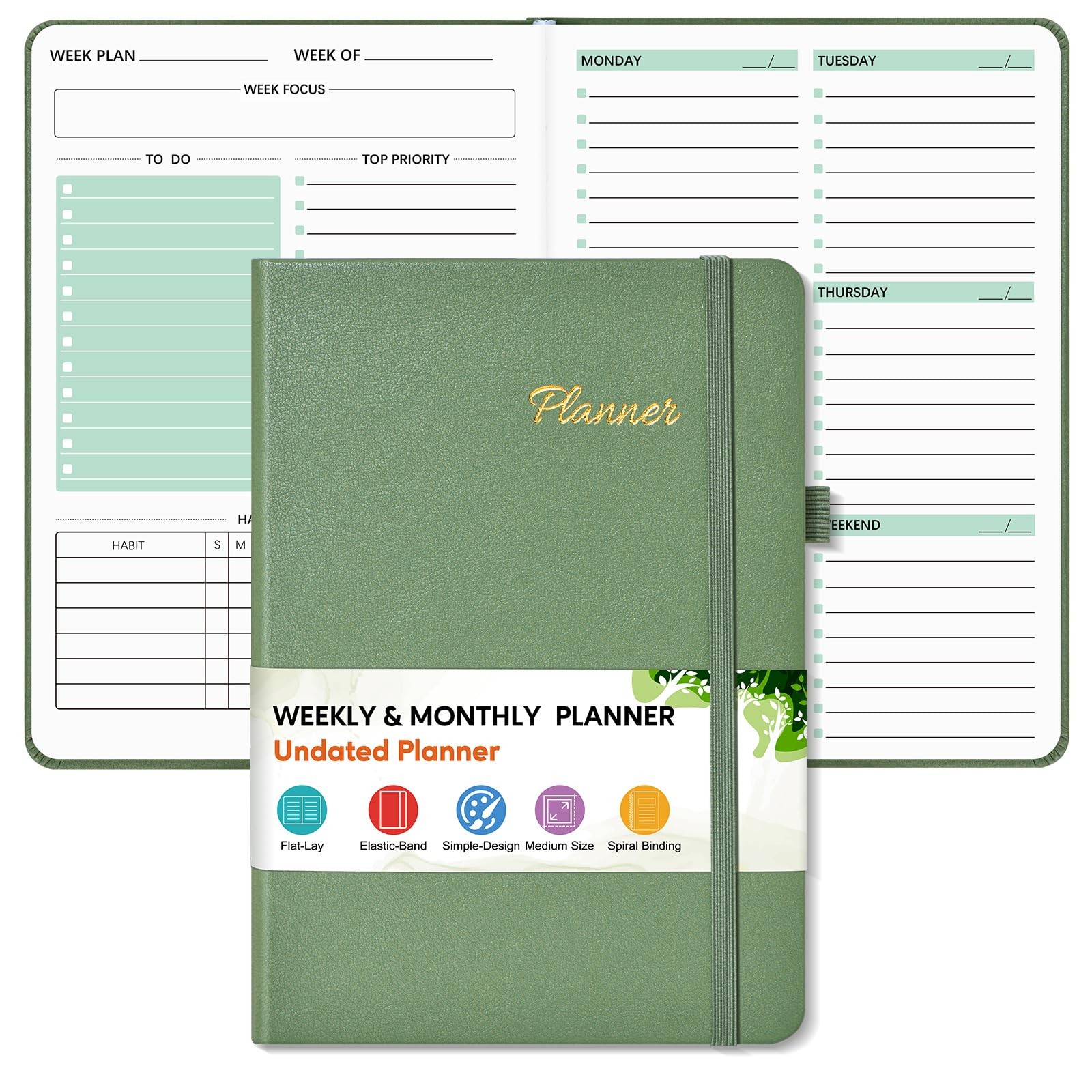 Undated A5 Weekly Monthly Planner Hardcover Leather Goal Habit Tracker Green