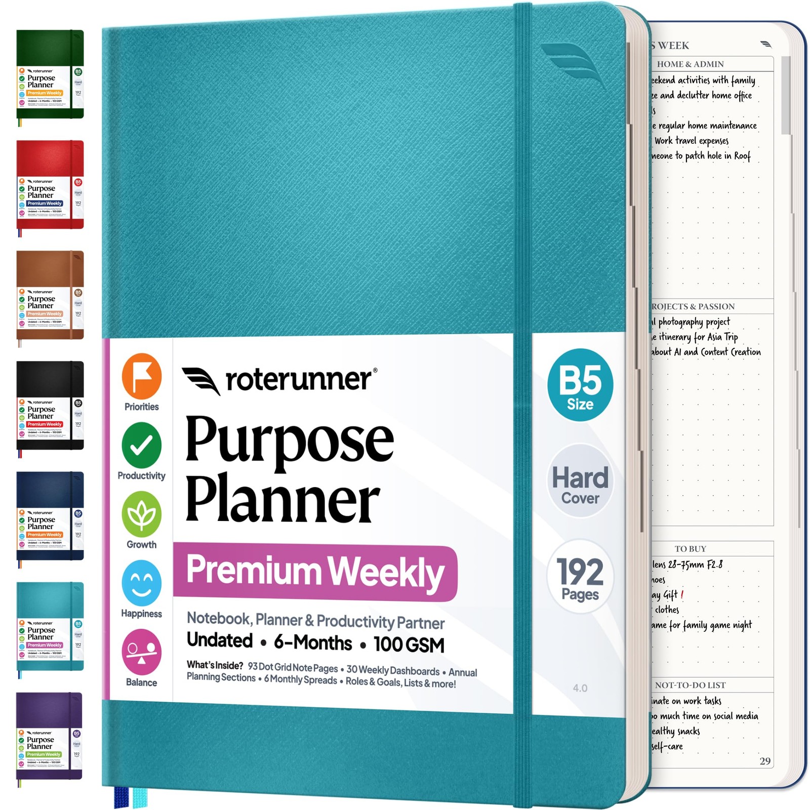 Purpose Planner Notebook B5 Hardcover 7.5”x9.8”- 9.8 x 7.5 x 0.5 inches, Teal