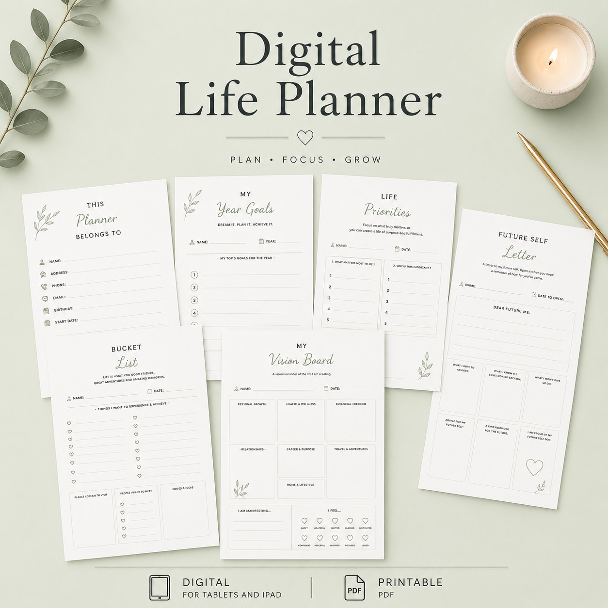 Digital Daily Planner PDF |Organizer Goal Planner | Printable | iPad | Tablet