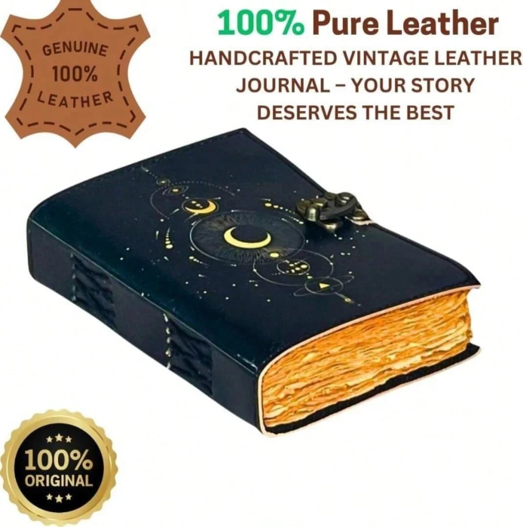 Galaxy Dreams Leather Journal, Vintage Locked Notebook with Moon Star Embossing