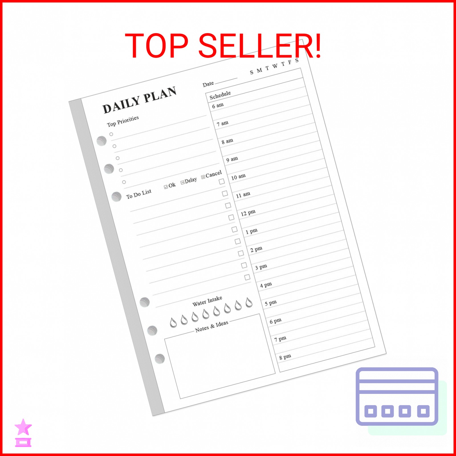 6-Hole Punched To Do List Insert – Undated Daily Planner Refill for A5 Binder,10