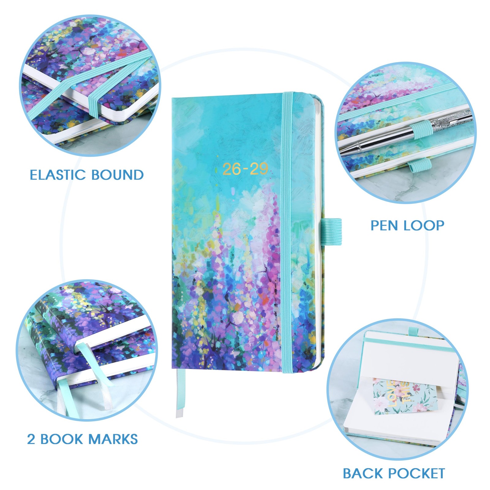 2026-2029 Pocket Planner/Calendar – 3 Year Monthly 6.3″ x 3.8″, pale blue
