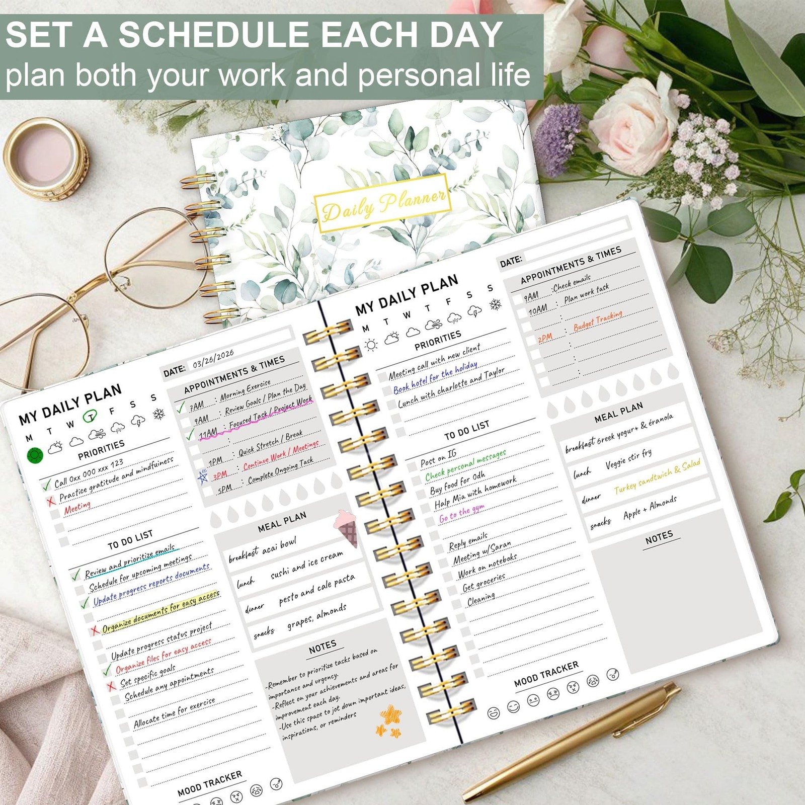 Daily Planner Undated – 6.5″x8.5″ To Do List Notebook Spiral Appointment Plan…