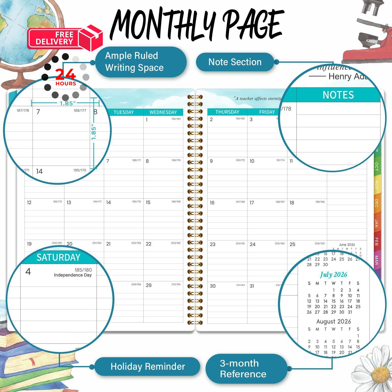 2026-2027 Teacher Planner, July 2026 – June 2027, 8.5″ x 11″, Multicolored