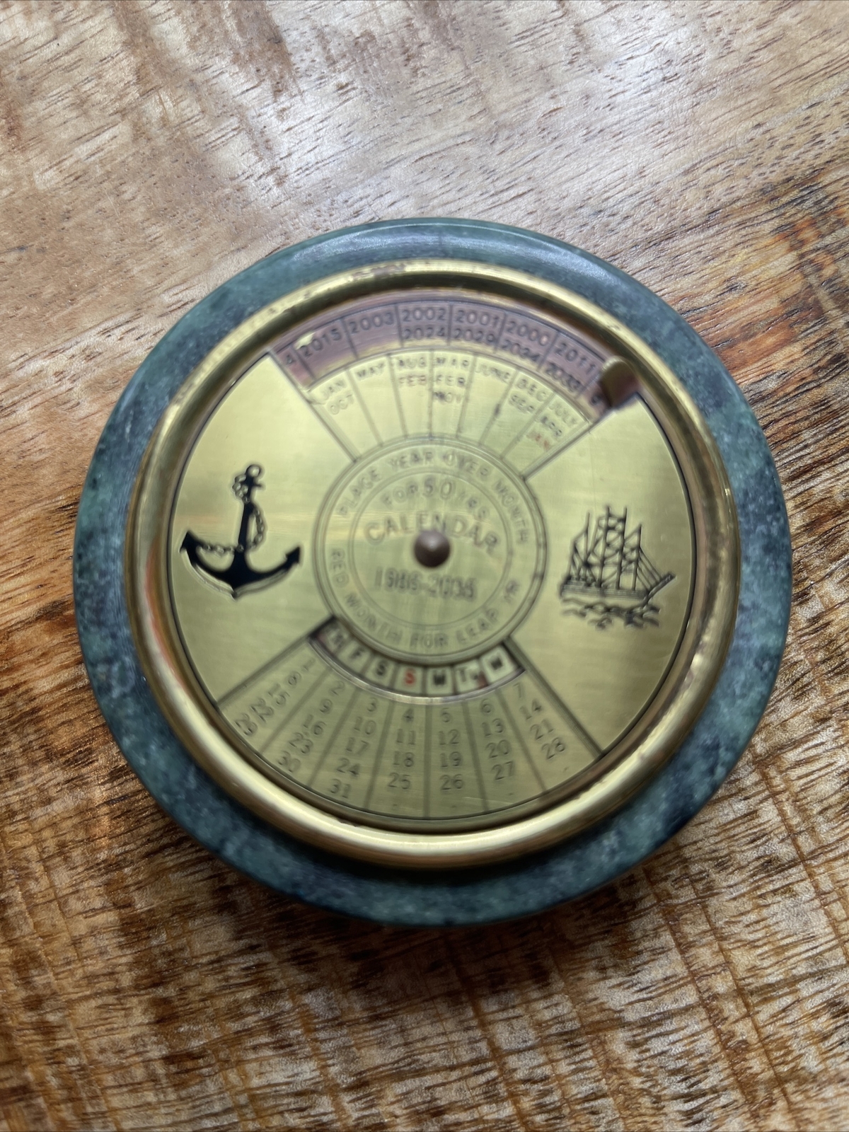 VTG 50 Year Desktop Nautical Calendar 1986-2035 Paperweight Brass And Marble