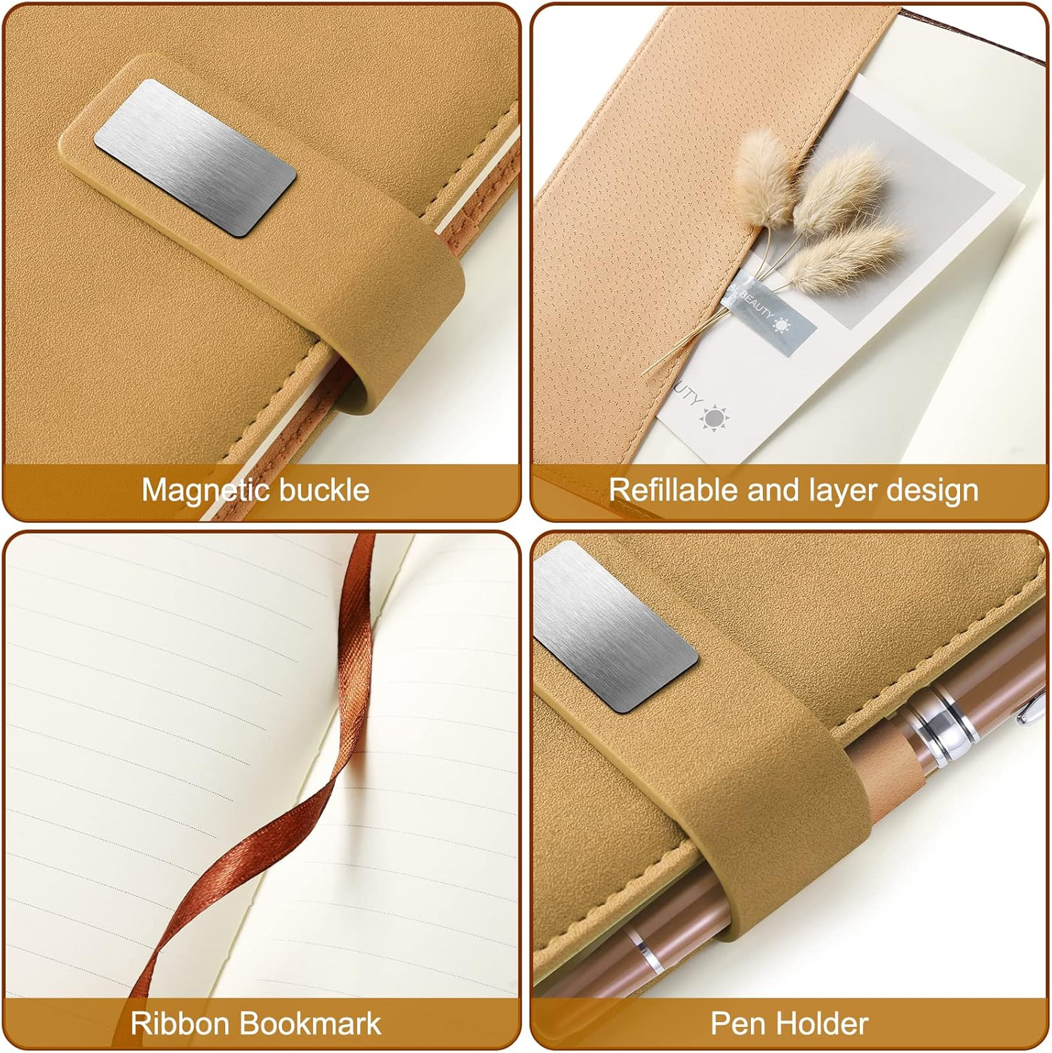 A5 Lined Leather Journal with Pen, 240 Pages Refillable Hardcover Notebook with