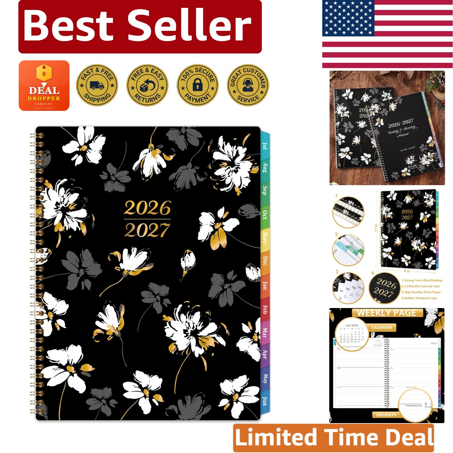 Chic Floral Weekly & Monthly Planner 2026-2027 with Colorful Tabs & Pocket