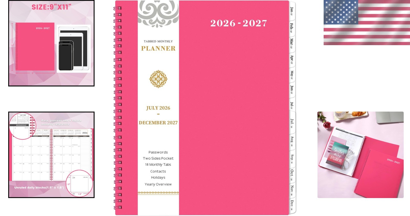 Luxurious 18- 2026-2027 Planner, 9″ x 11″, Twin-Wire Binding & Pockets
