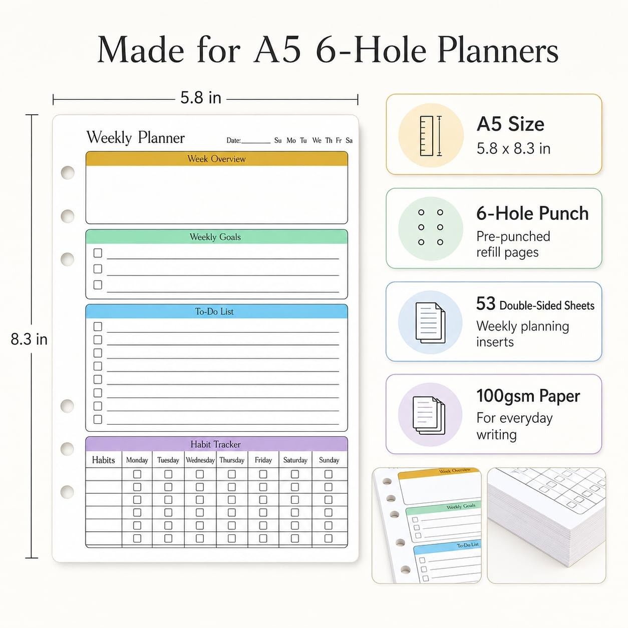A5 Weekly Planner Inserts, Undated 6-Hole Planner Refill Pages with To-Do Lis…