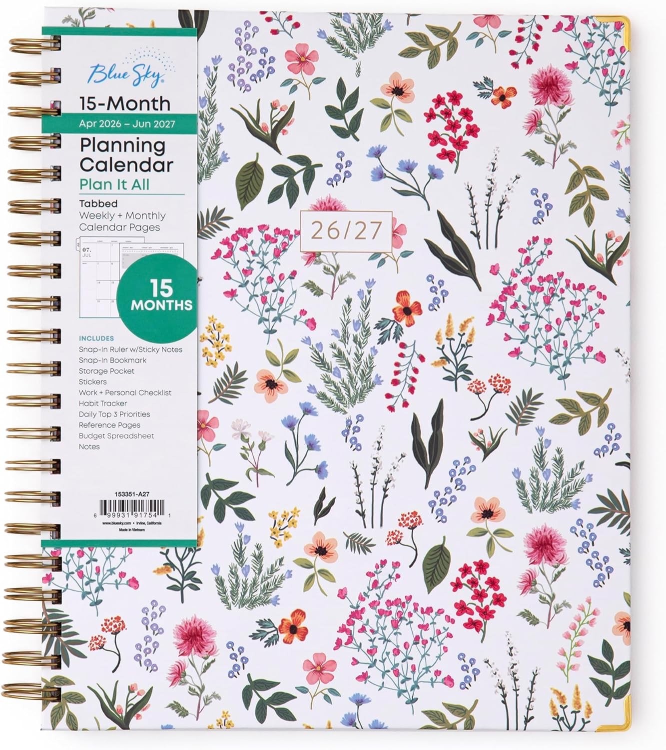 Blue Sky 15 Month 2026-2027 Weekly/Monthly Academic Planner Calendar Hard Cover
