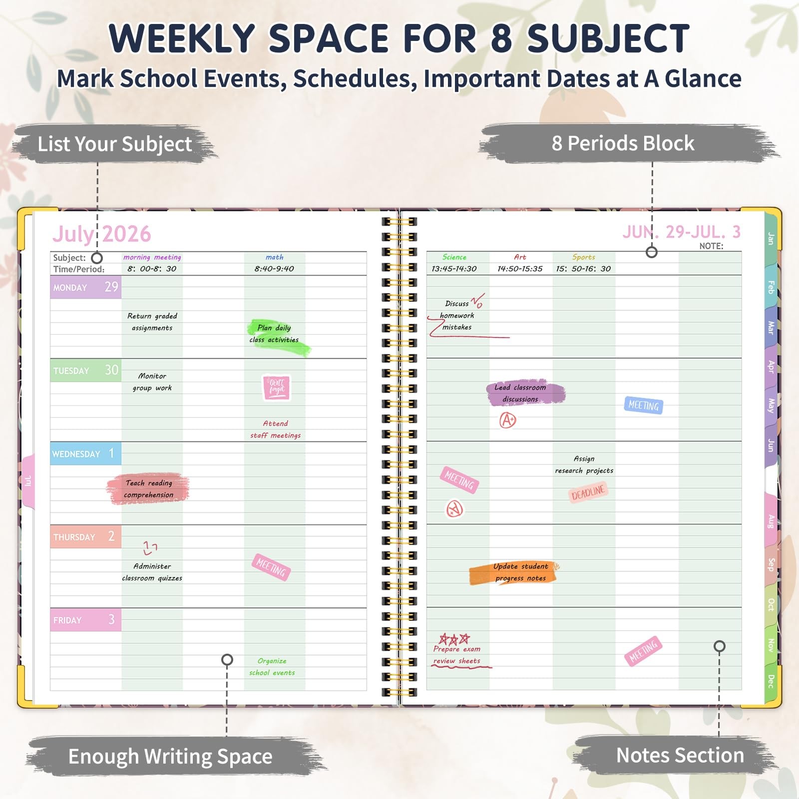 Teacher Planner 2026-2027 Academic Year, July 2026-June 2026-2027, Red Flower
