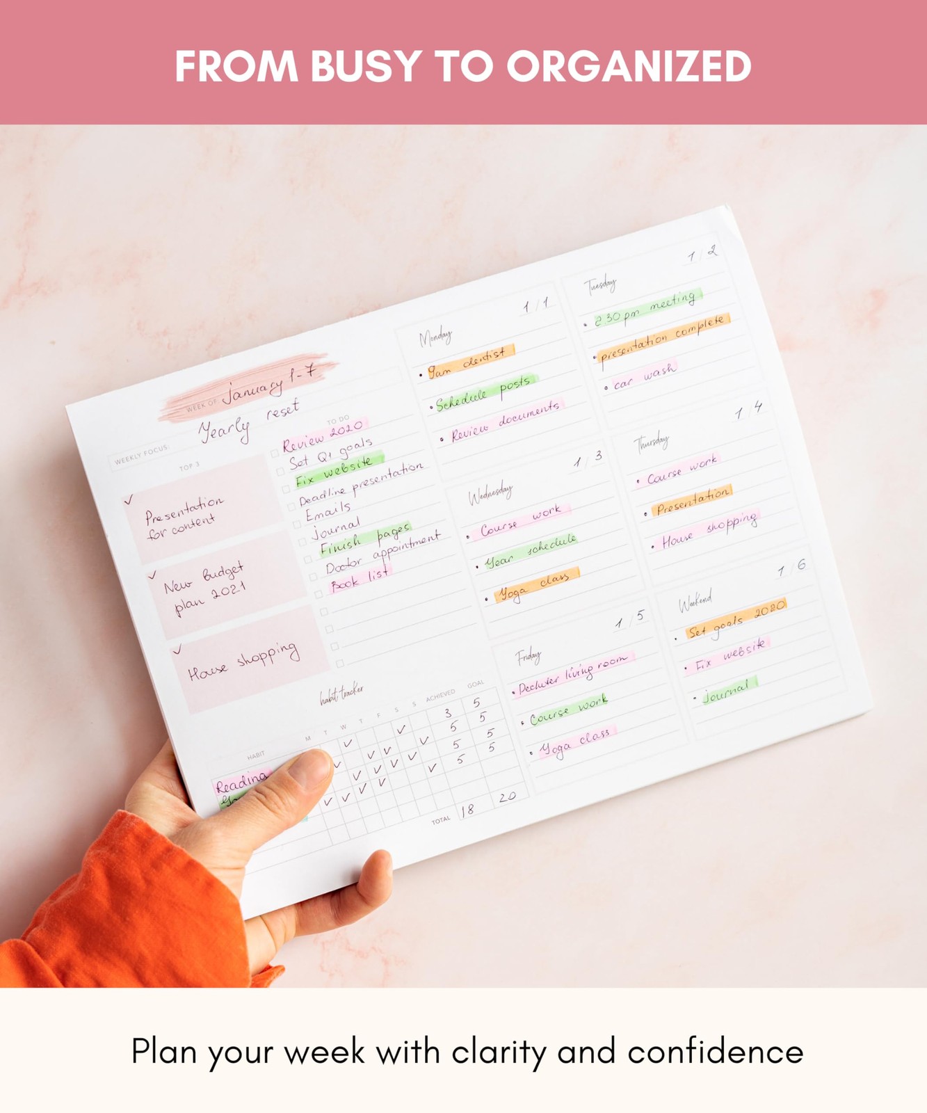 Lamare Weekly Planner Notepad – Premium Undated A4 size (8.3 x 11.7″), Pink