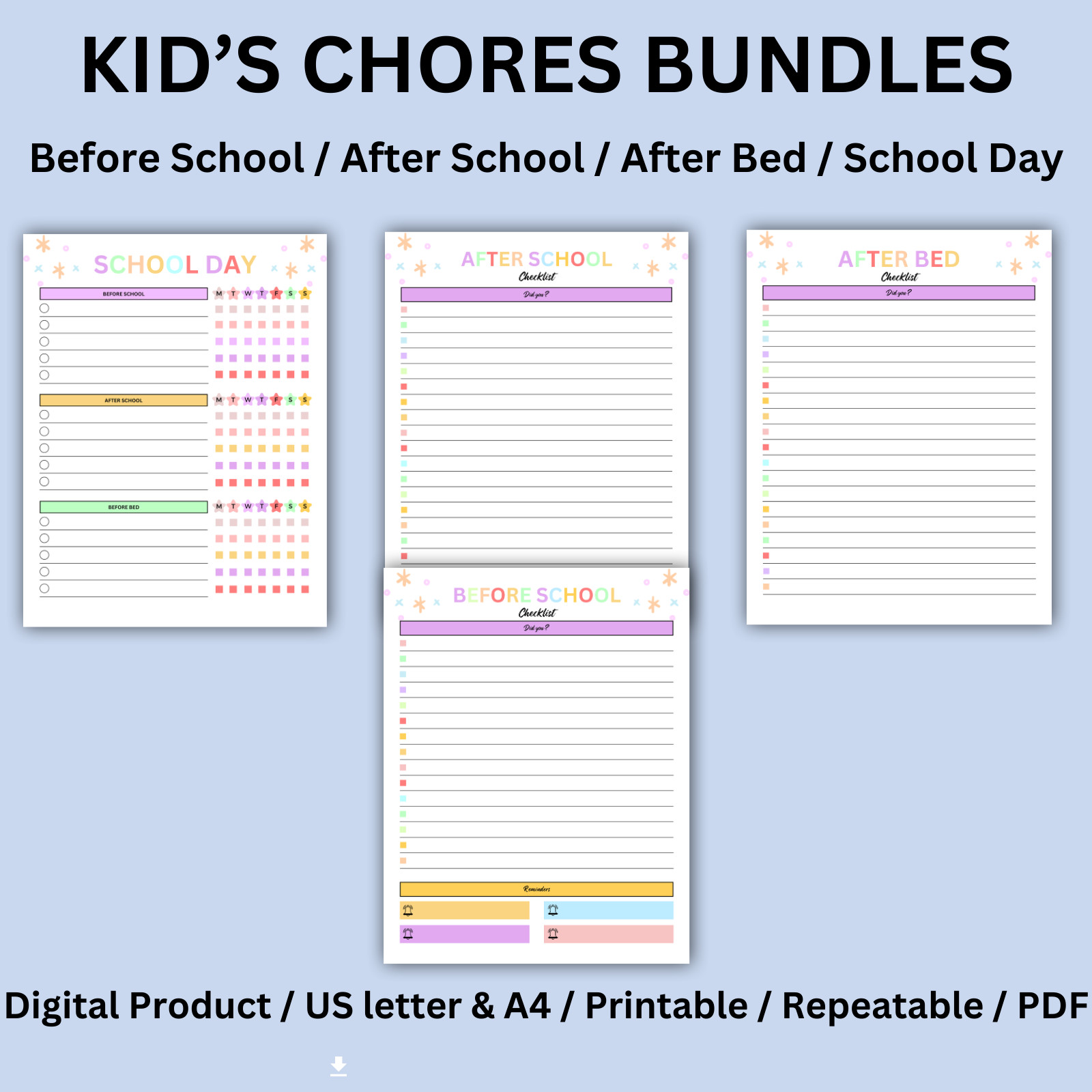 Digital | Before School, After School, After Bed Editable Kids Chores Bundle PDF