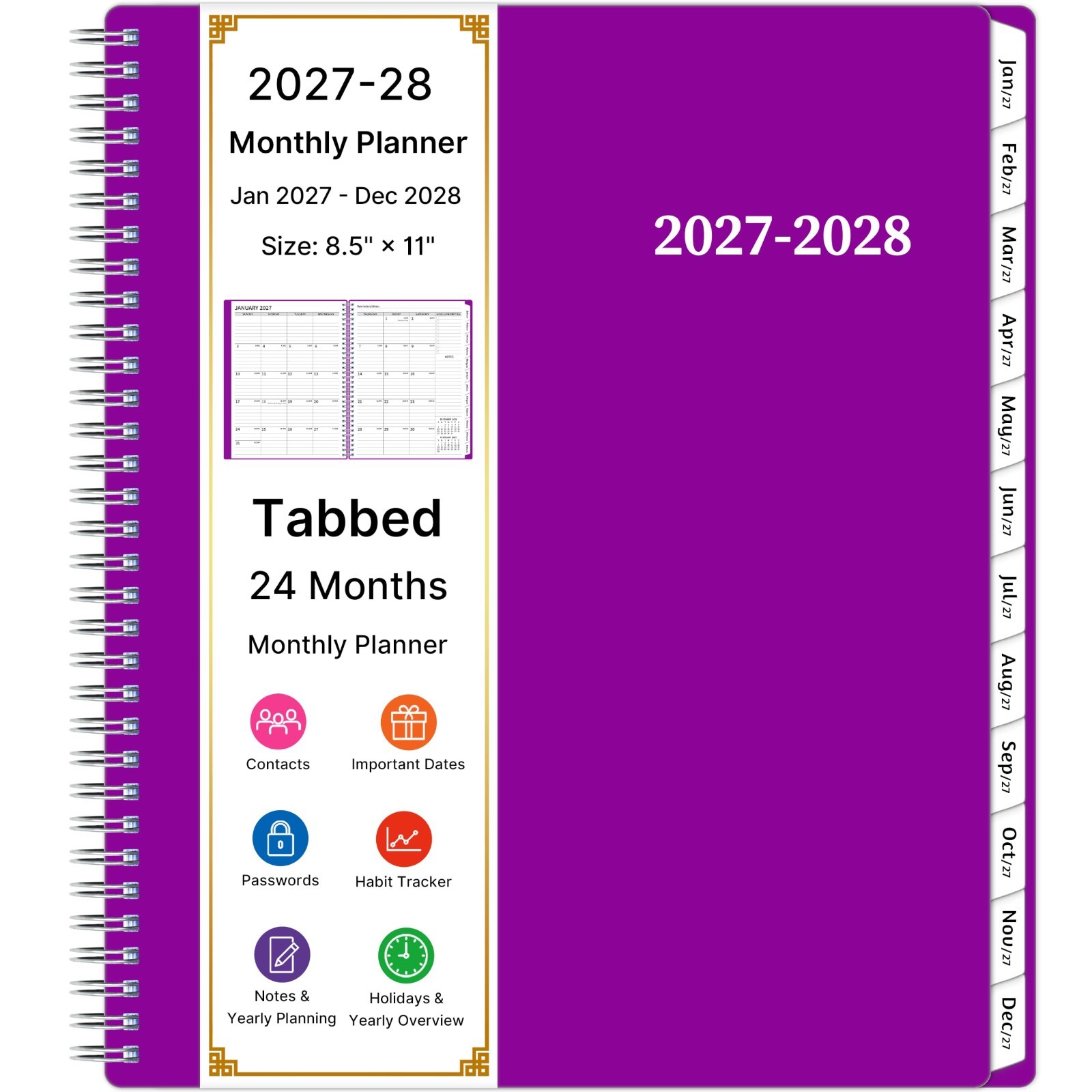 Large 2027-2028 Monthly Planner – 2 Year Calendar, Spiral Agenda, Tabs & Pocket,