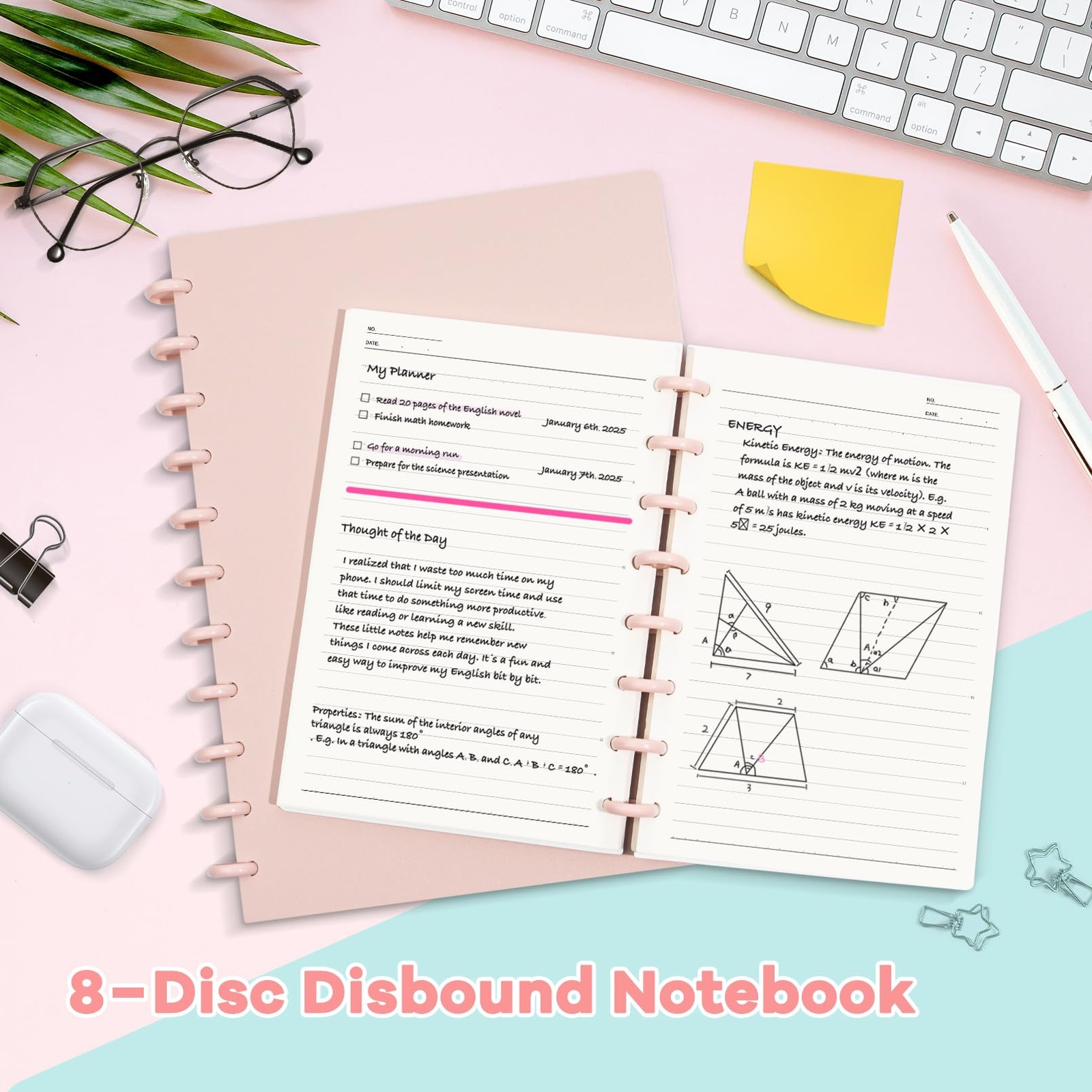 MOSA BEAR Discbound Notebook, 8-Disc Disbound Planner with Removable A5, Pink