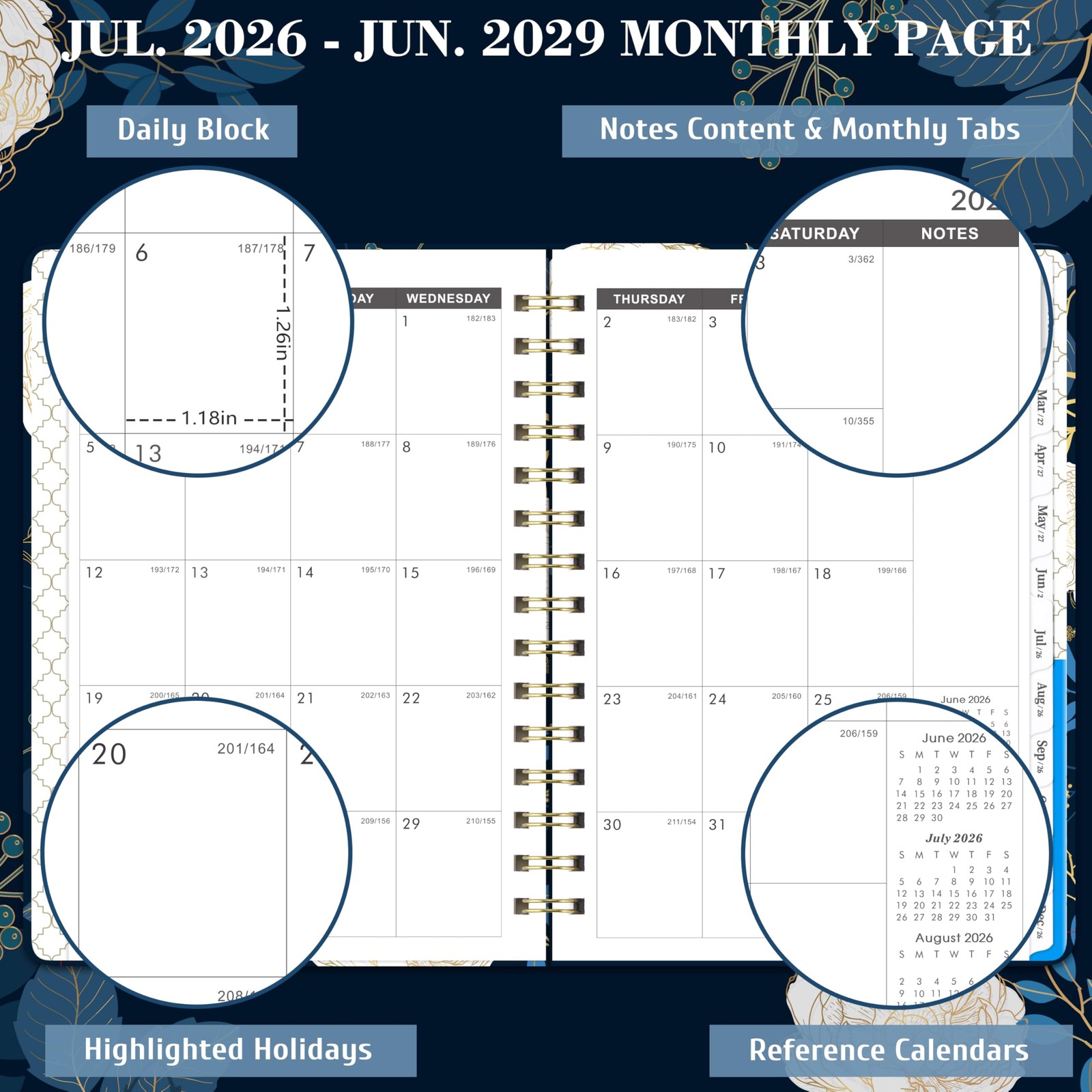 3 Year Monthly Planner 2026-2029 6.3×8.4 Inch Tabs Elastic Closure Inner Pocket
