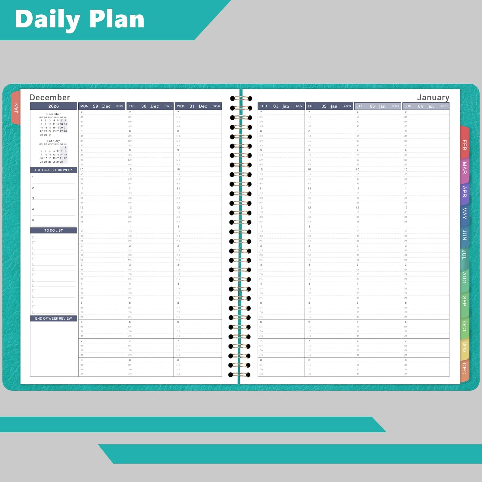 Turquoise 2026 Weekly Appointment Planner Hourly Schedule 15 Minute Intervals