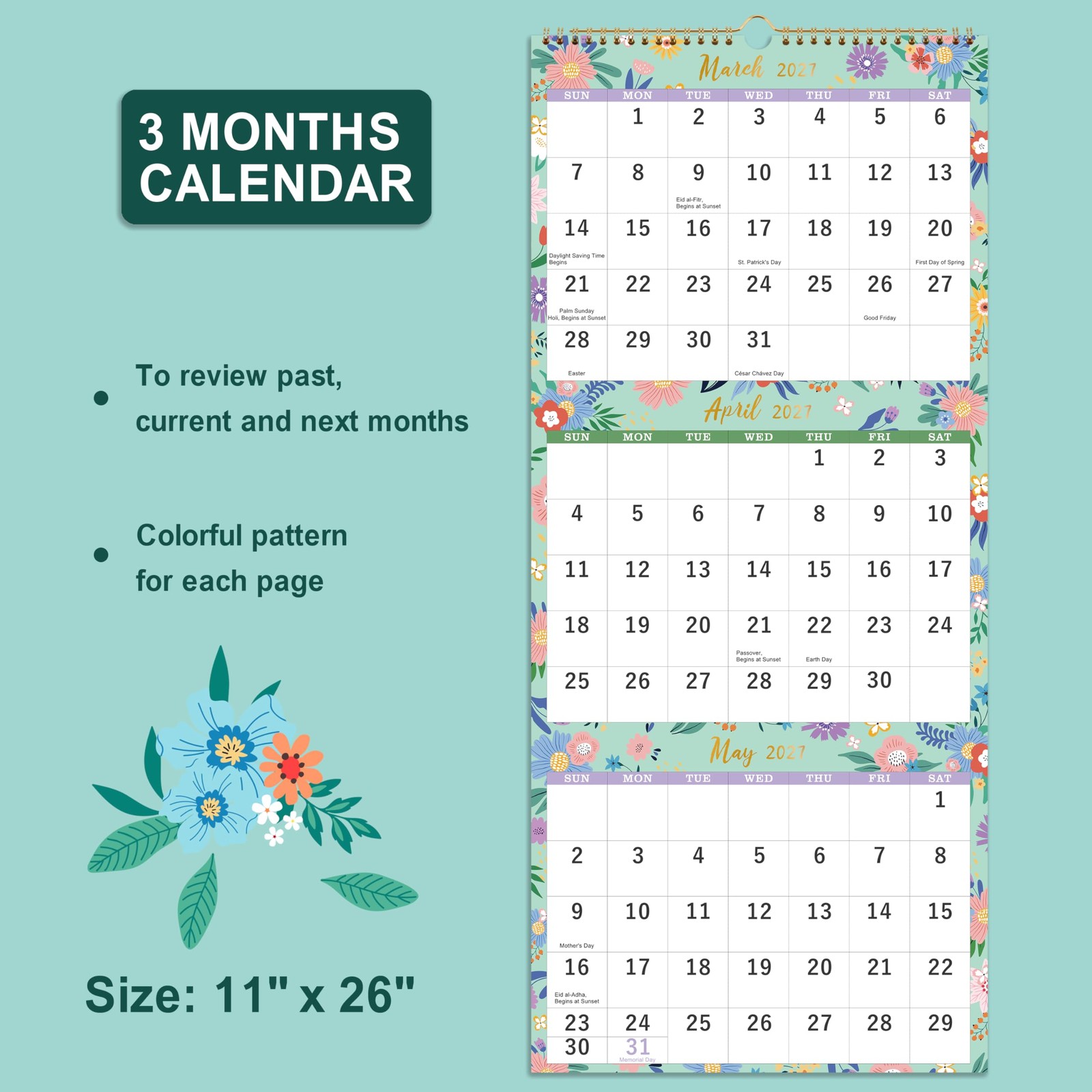2027 Wall Calendar – 3-Month Display Vertical Calendar, 2027 11″ x 26″, Black