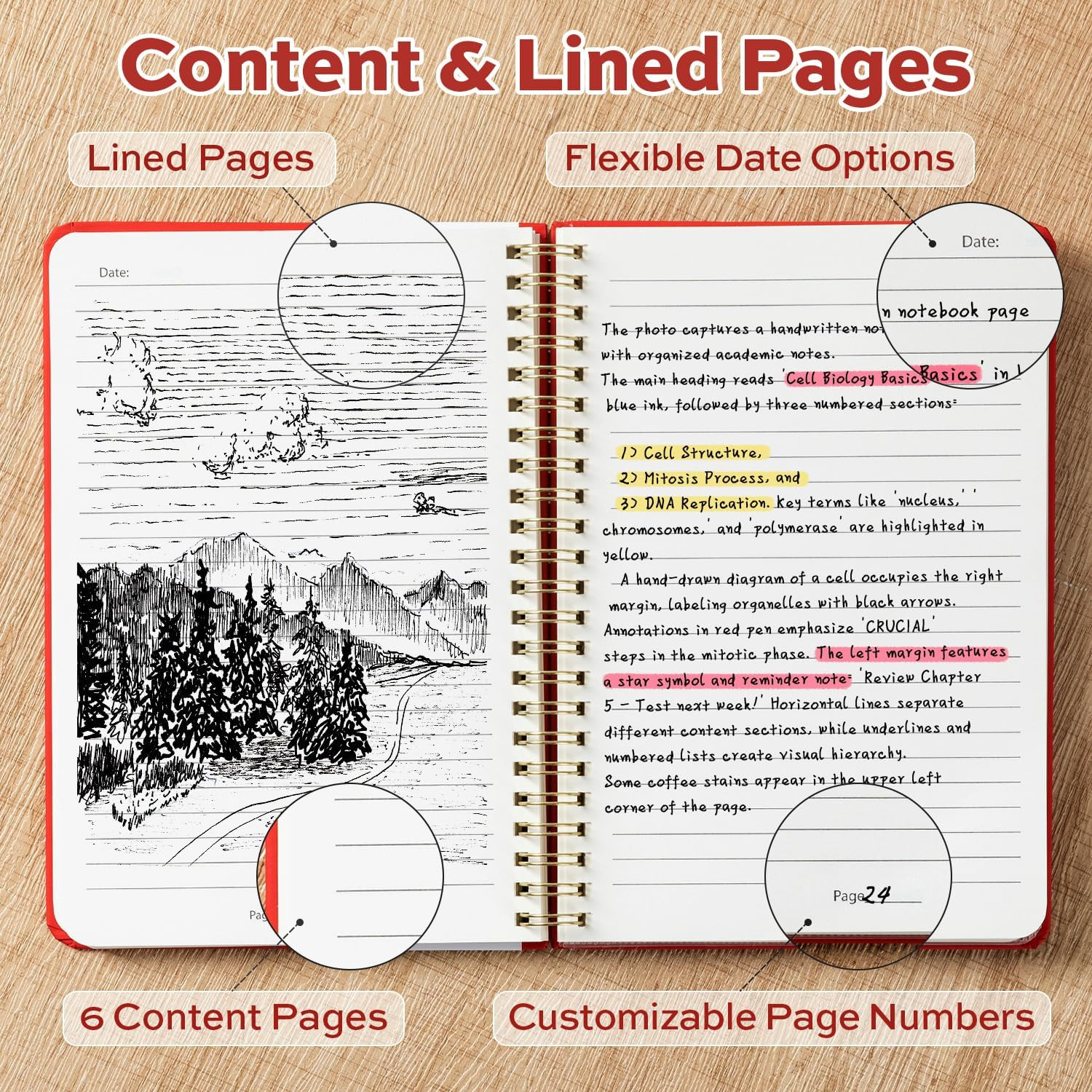 Red Lined Spiral Journal Notebook, 160 Pages, A5 (5.5″X8″) Hardcover Writing Not