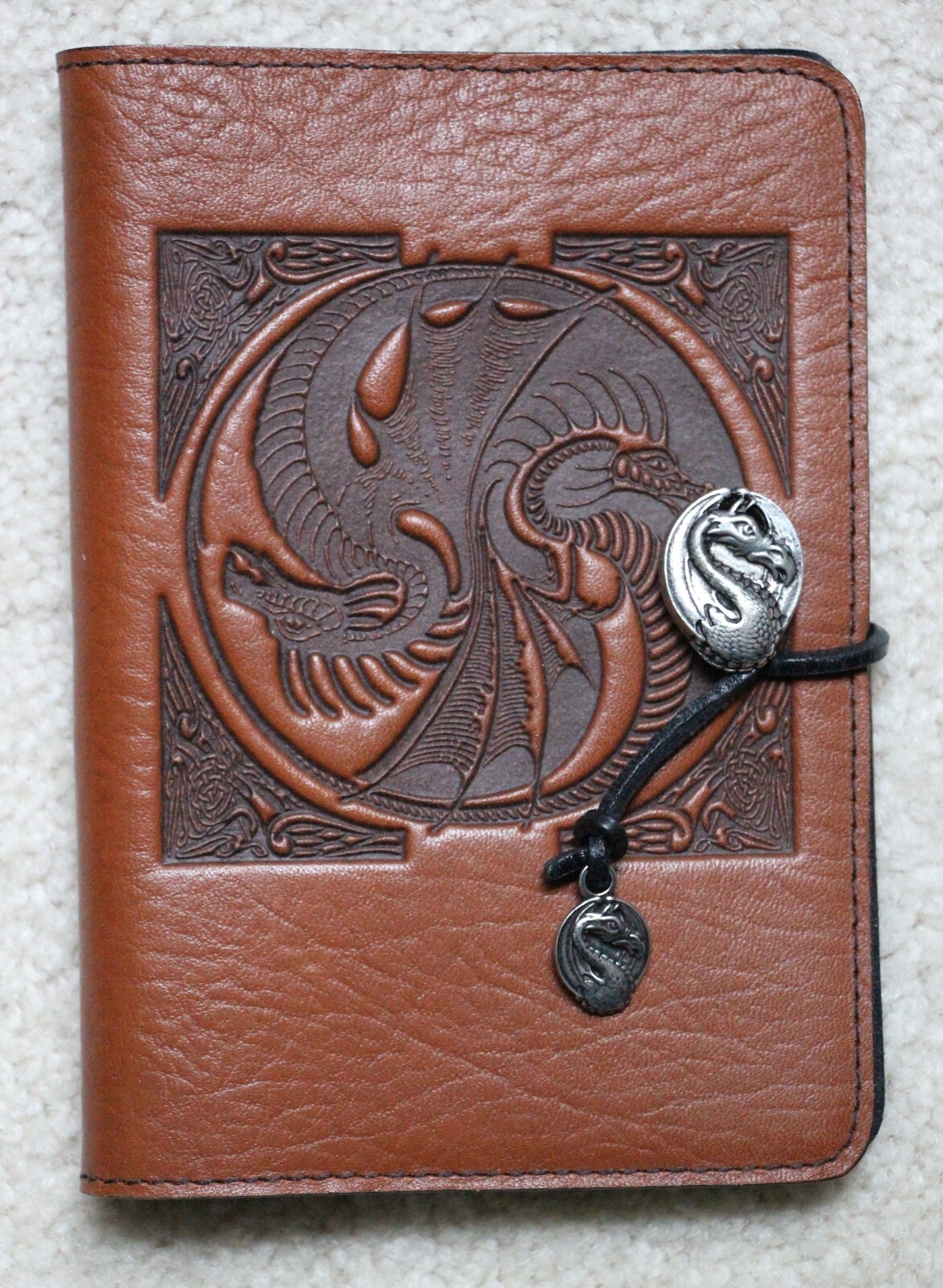 Oberon Design Leather Small Journal Cover YIN & YANG DRAGONS in SADDLE
