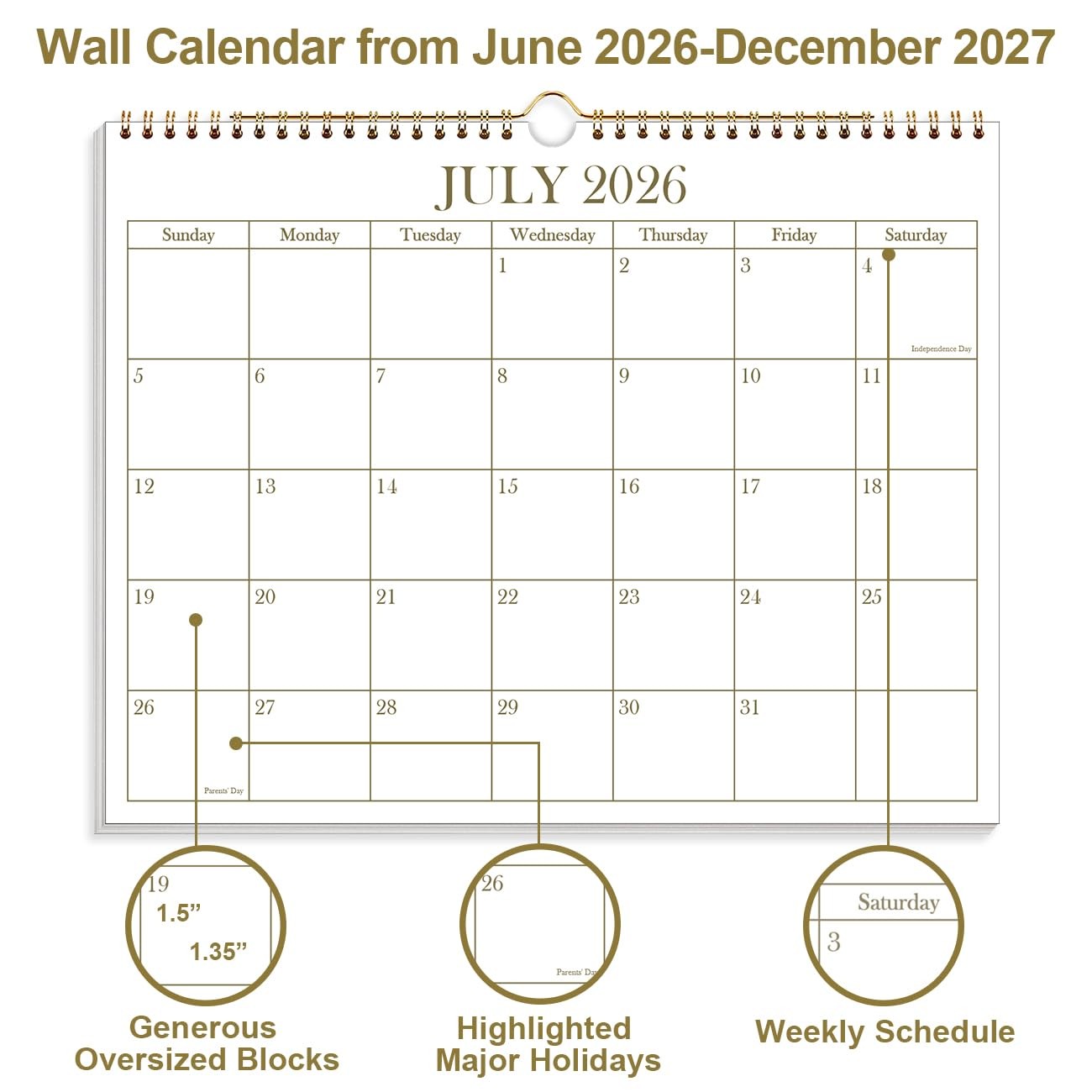 2026-2027 Calendar – Wall from June 8.5″ x 11″, Golden