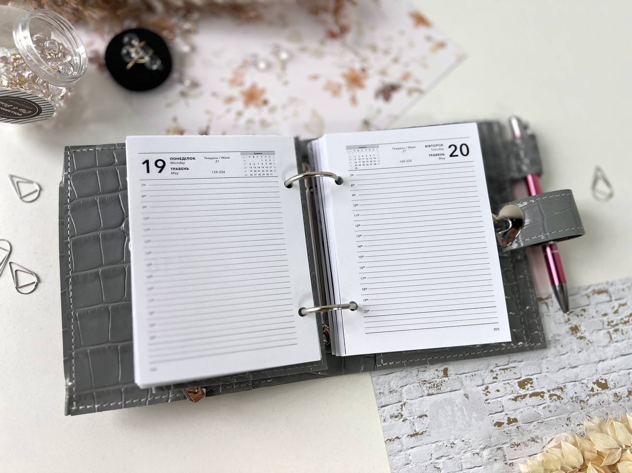 Grey leather notebook cover A7 6 rings mini wallet, dated 2026 planner.