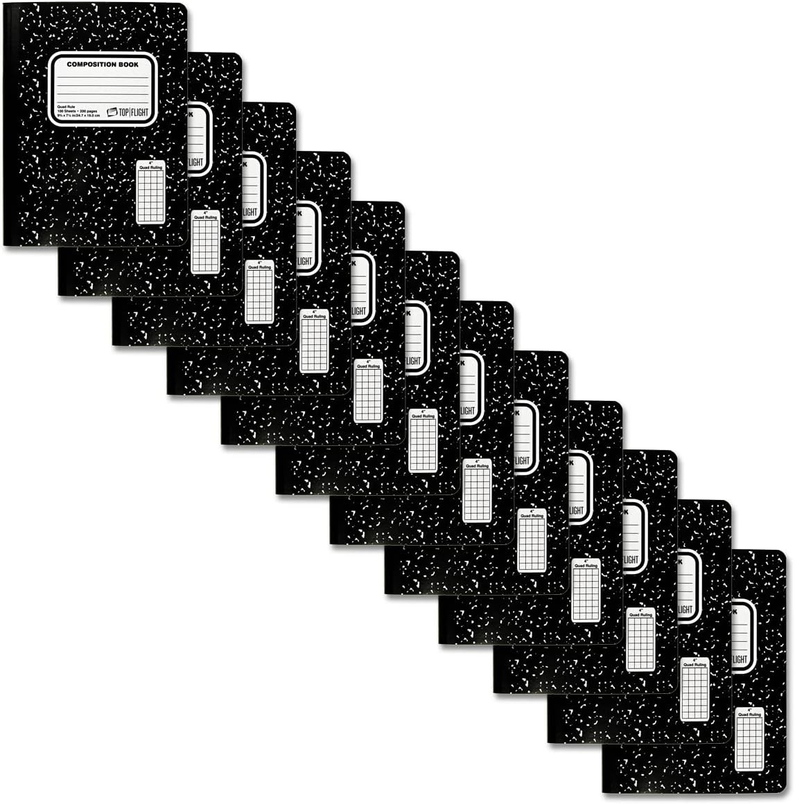 Top Flight Sewn Marble Composition Book, Black/White, Quad Rule, 4 Black