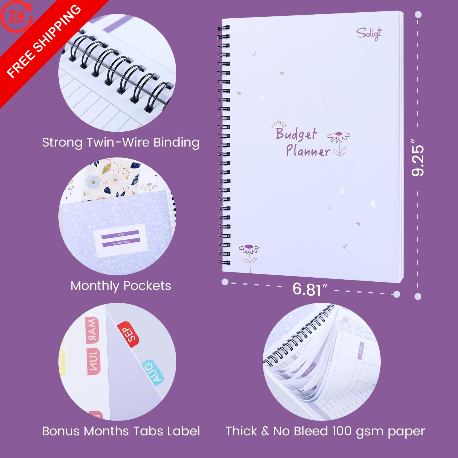 Monthly Budget Planner Book (Undated) with 12 9.25 x 6.81″, Purple Floral