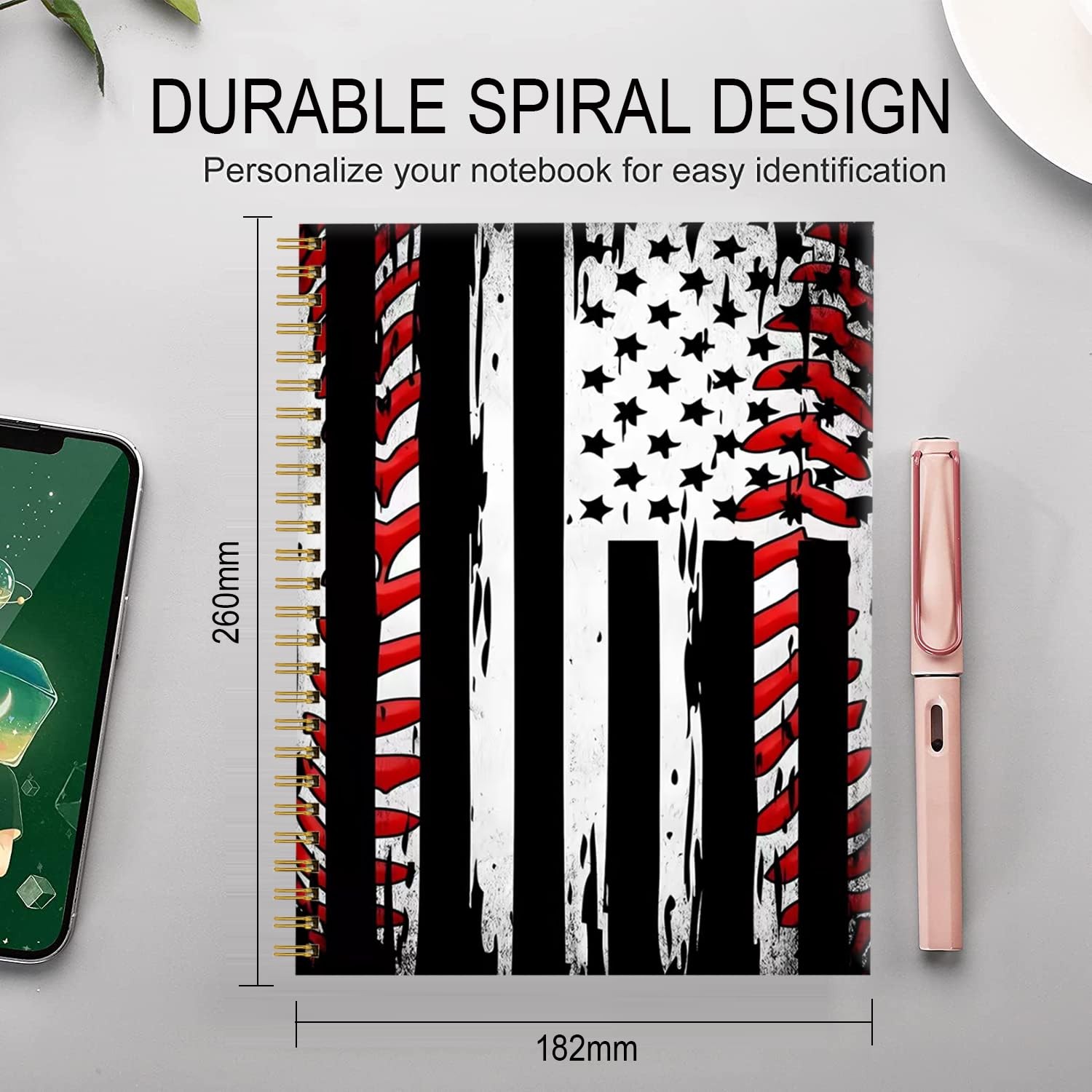 FVBAO Spiral Journal Notebook for Women,A5 College Baseball American Flag