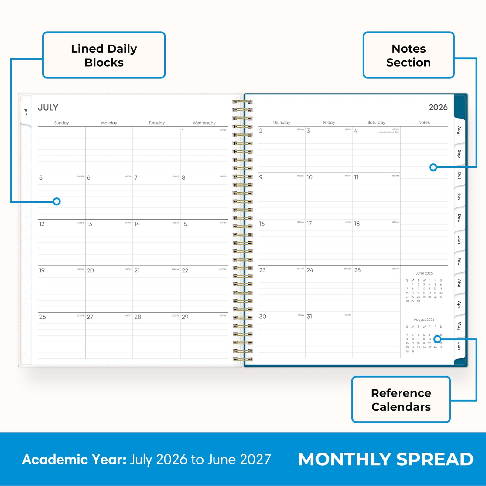 2026-2027 Weekly and Monthly Academic Year Planner Calendar, July 2026 – June…