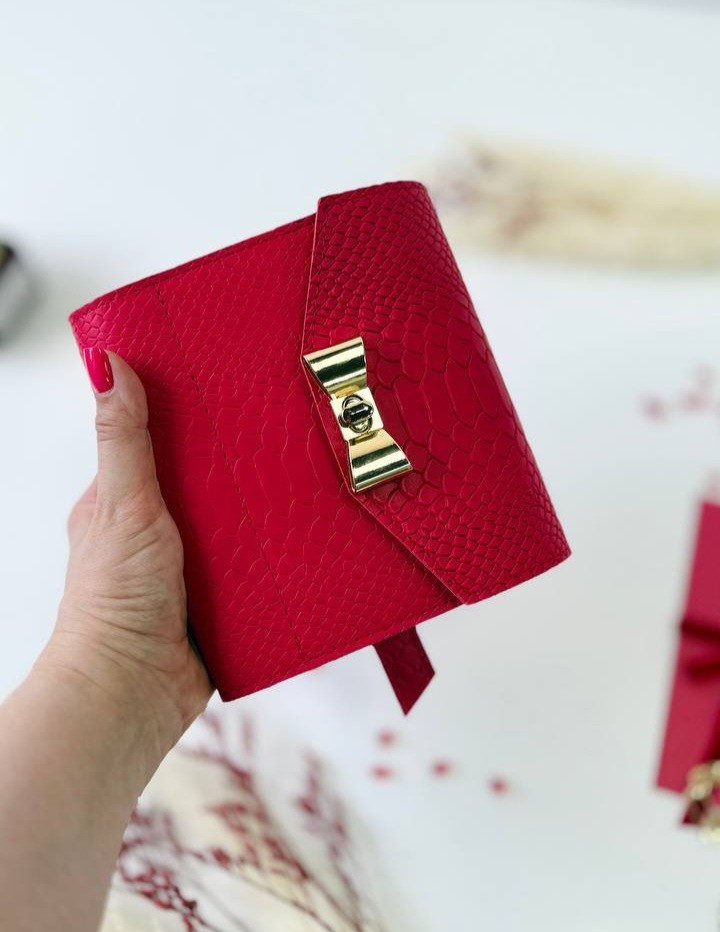 Red leather notebook cover A7 mini wallet. Lined day with time planner gift.