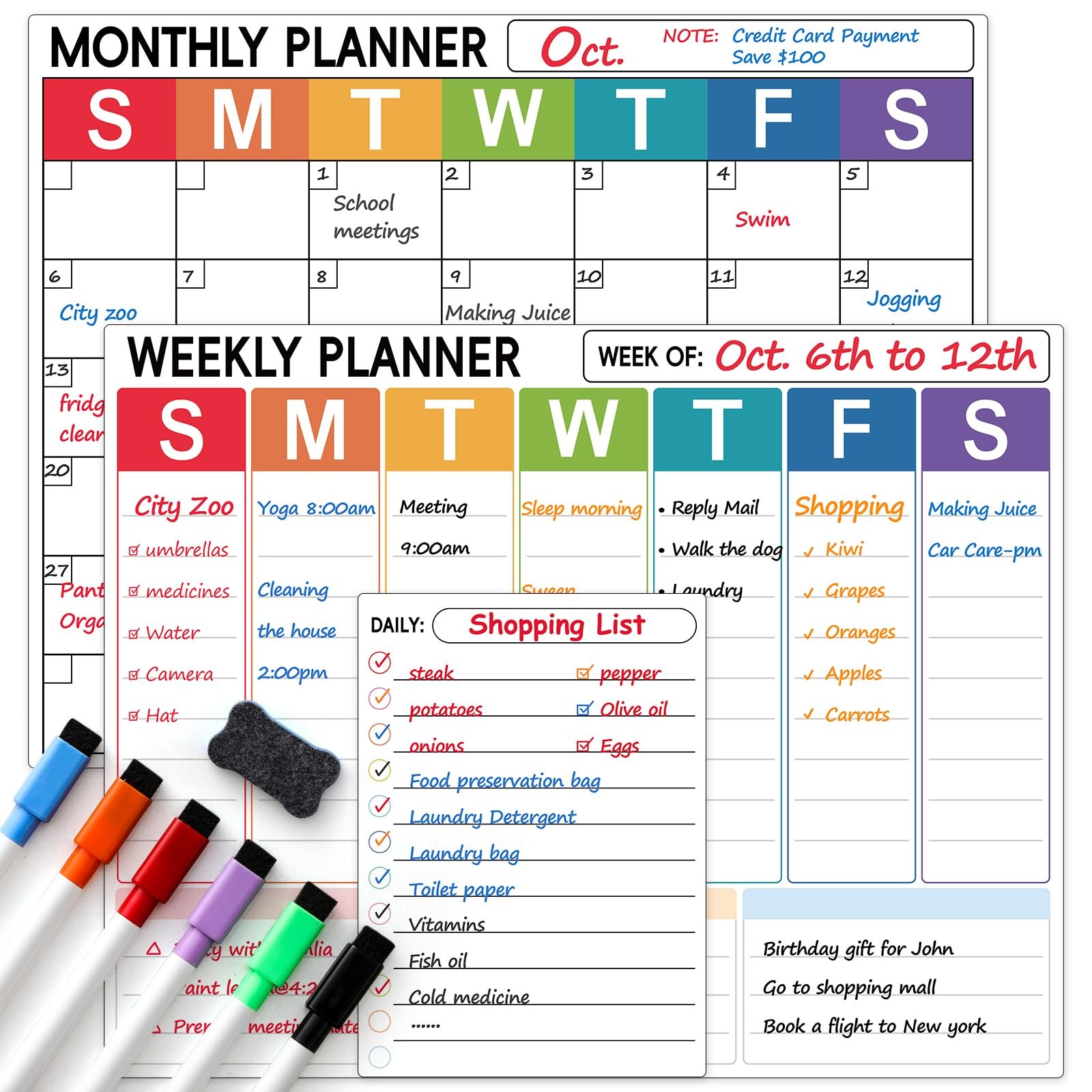 3 Pack Dry Erase Magnetic Calendar for Monthly & Weekly & Daily – Colorful