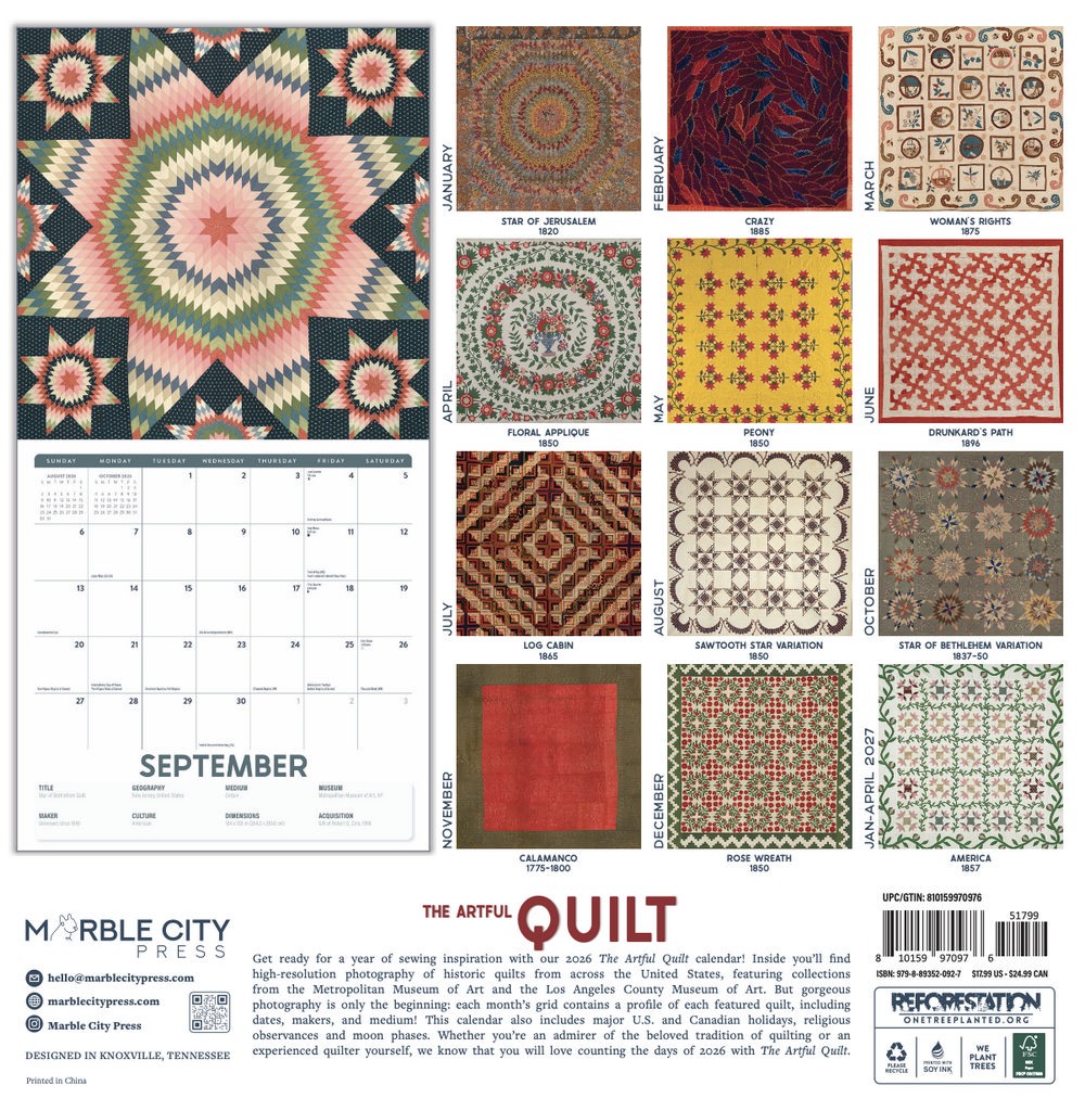 The Artful Quilt Calendar 2026 | 12″ x 24″ 12 Month Calendar | Marble City Press