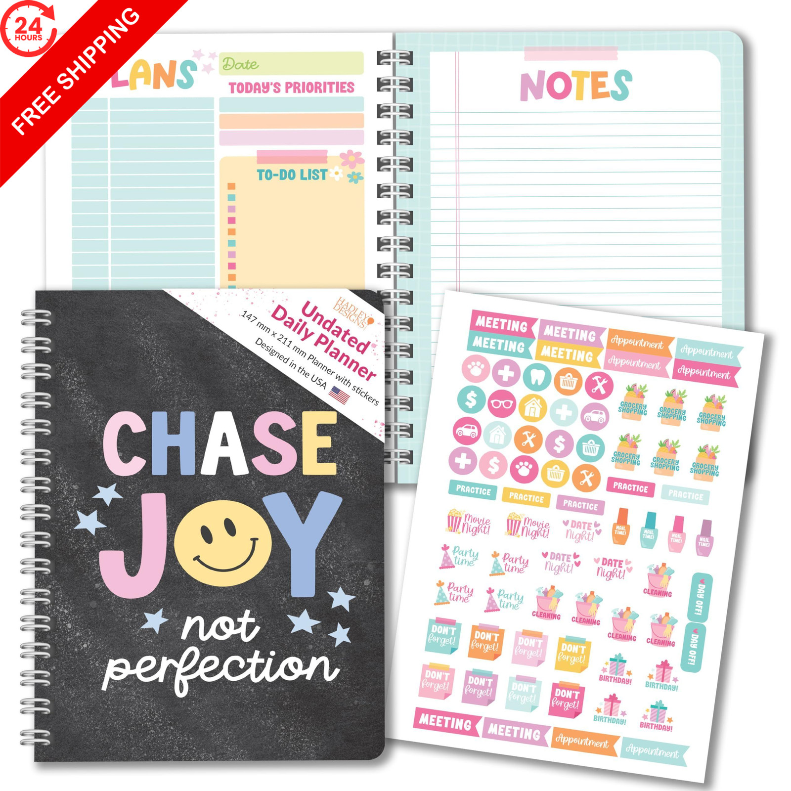 Hadley Designs Daily Planner Undated 182 pages, 5.8 x 8.3 inches, Chalk Black