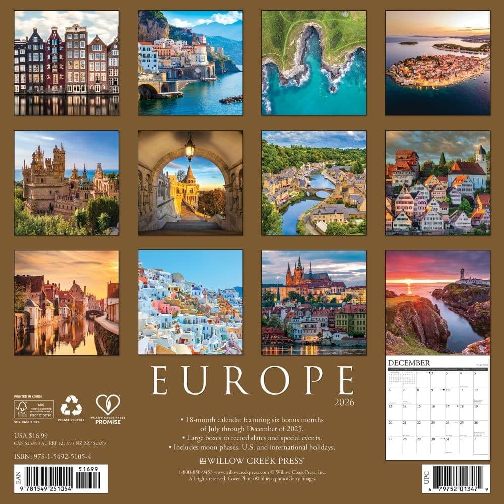 Willow Creek Press, Europe 2026 Wall Calendar, 12” X 12”, Multicolor