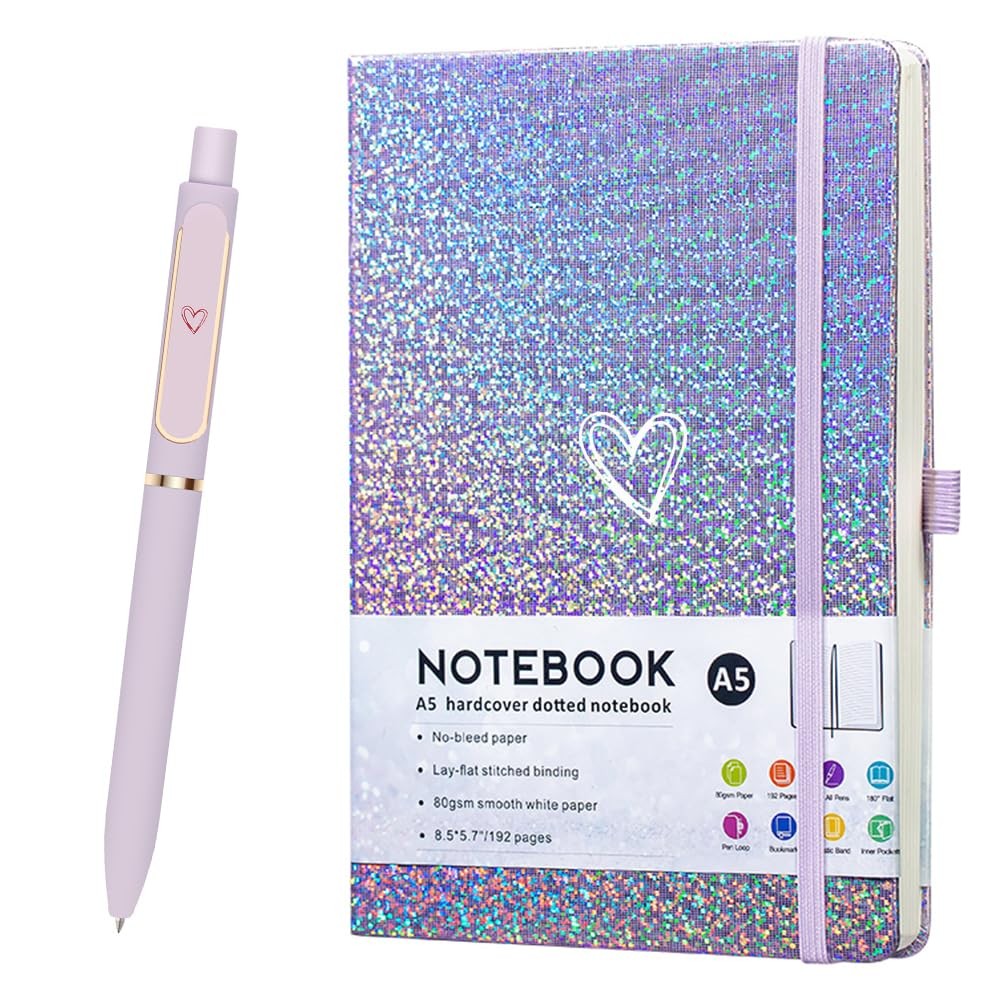 HJWKJUS Bling A5 Notebook with Pen, Lined Journal Notepad Purple