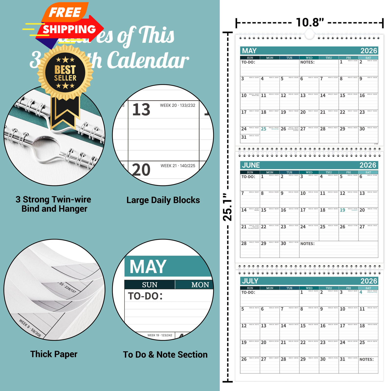 3 Month Calendar 2026-2028 – Wall from MAY 2026 Lake Blue
