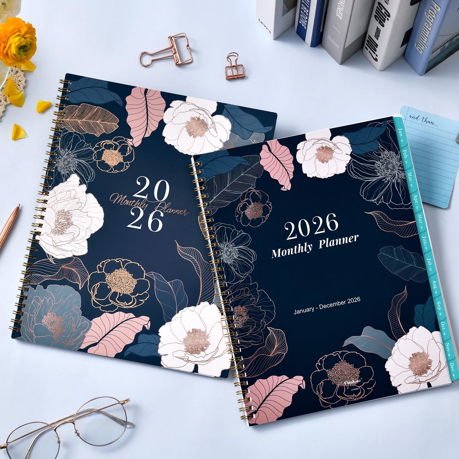 Monthly Calendar 2026, Twin Wire Binding, Floral Design, Thick Paper, Blue