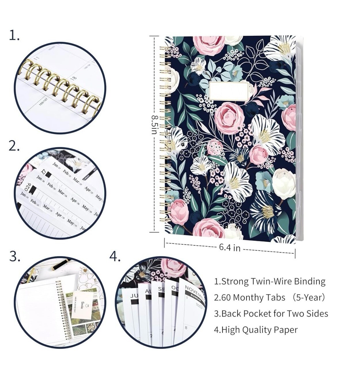 5-Year/60-Month 2024-2028 Monthly Planner Spiral Bound Floral 8.5” x 6.4” NWT