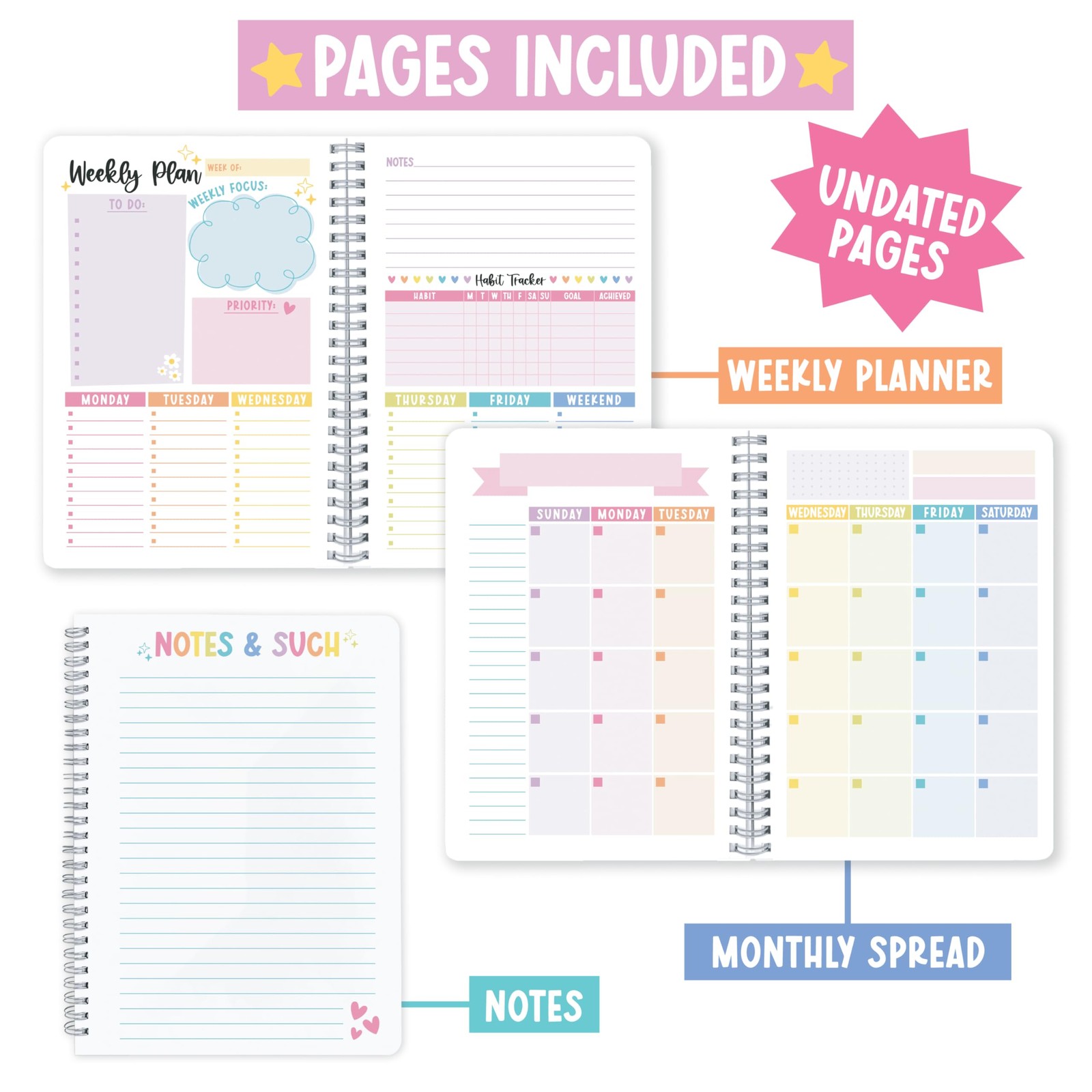 Undated Planner Weekly and Monthly – Spiral 6 x 8 inches, Doodle Blue