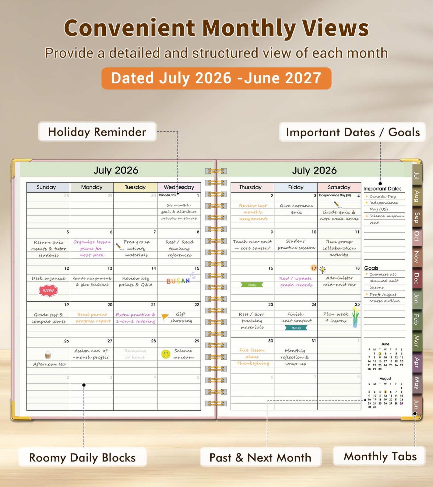Teacher Planner 2026-2027, July 2026 – June 2027, Academic Weekly & A4, Pink