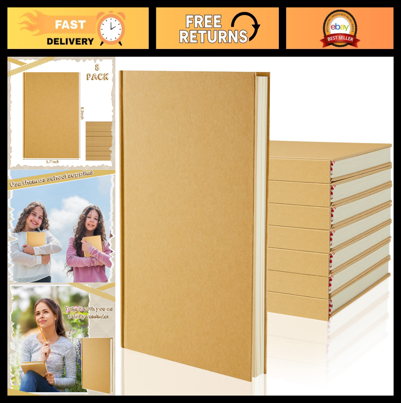 8 Pcs A5 Unlined Blank Notebooks – 200 Pages Hardcover Sketchbooks for Writing,