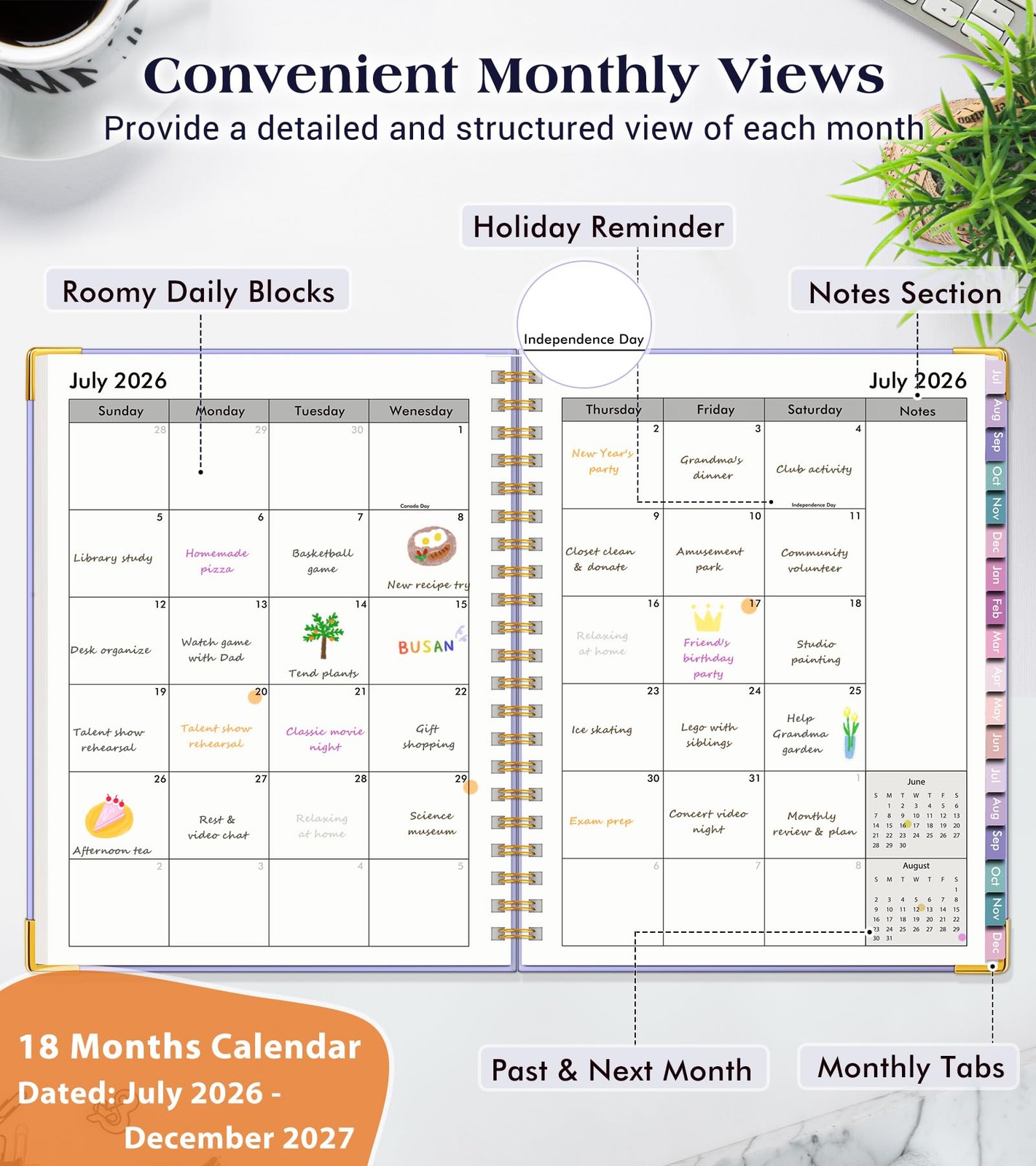 Academic Planner 2026-2027, 18 Months Weekly A4 (Jul 2026 – Dec 2027), Purple