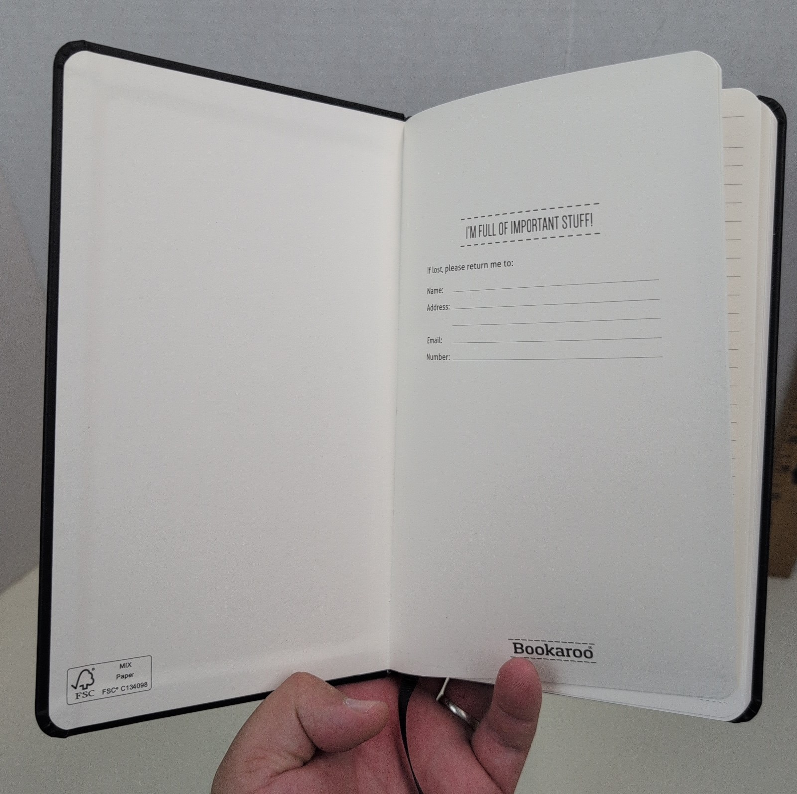 Bookaroo Black Hardcover Lined Journal Notebook Elastic Closure Ribbon Open Box