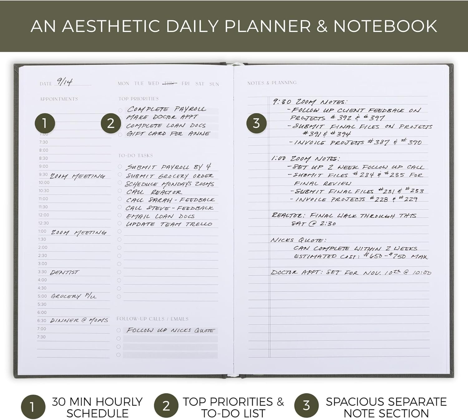 Aesthetic Daily Planner And Notebook With Hourly Schedule 9.25″L x 6.5″W