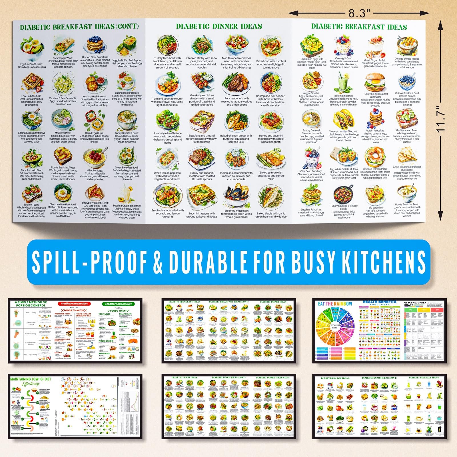 Set of 3 Diabetes Food List Daily Meal Planner – 8.3×11.7 inches, white